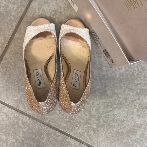 Jimmy Choo Gold/light honey and optic white Peep-Toe Heels ( Luna 100)